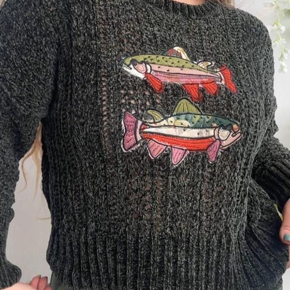 Upcycled dark green patchwork fish embroidered women’s soft sweater